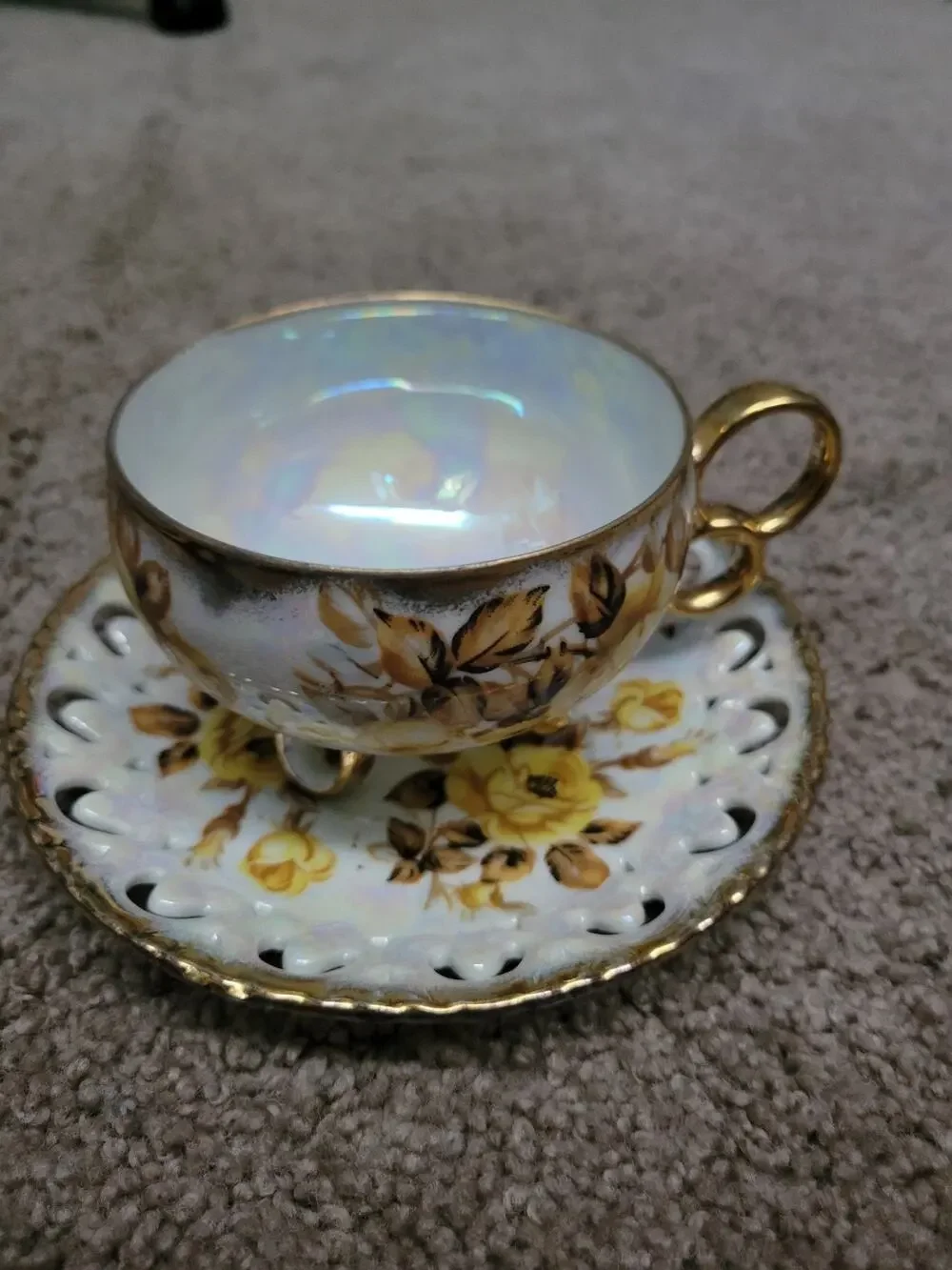 Royal Sealy China 3 Footed Luster Yellow Gold Roses Teacup & Reticulated Saucer
